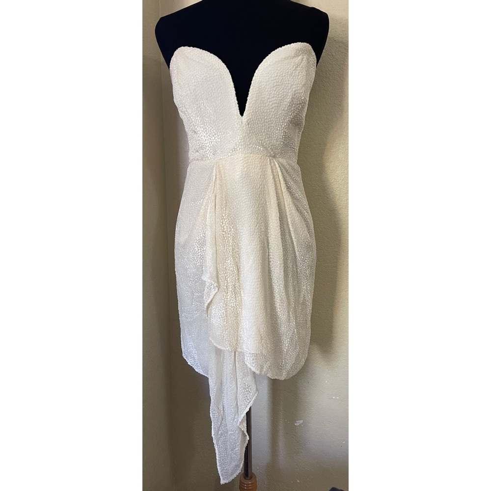 Michelle Mason Silk Blend Strapless Ivory Textured Cocktail Dress